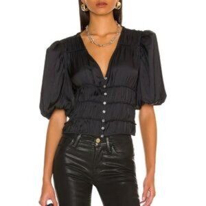 FRAME Julianne Silky Puff Sleeve Blouse V-Neck Button-Front Size M